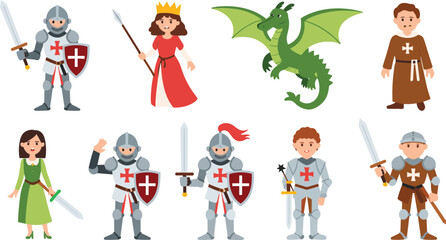 Cartoon medieval character set with knights, princesses, monk, and dragon illustration in flat style for fantasy and history design