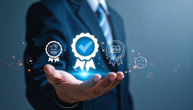 Businessman in suit holding digital icons above hand, including ribbon with checkmark, gear with person, and checklist, symbolizing certification, management, and productivity.