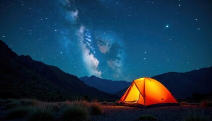 Camping under a vast night sky, stars glittering , extraordinary, light, tranquil