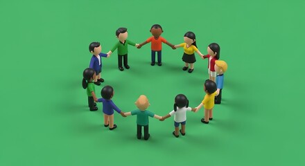 Diversity of clay figurines holding hands in a circle on green background, concept for team collaboration, global unity and business networking