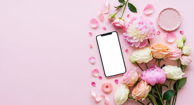 Hand holding smartphone with pink flowers on the blank screen - Powered by Adobe