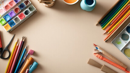 A flat lay of various art supplies including watercolor paints, colored pencils, and brushes arranged on a beige background with copy space.