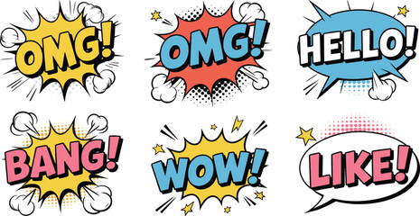 comic book speech bubble set, pop art explosion text, wow bang omg hello like design, colorful retro cartoon illustration