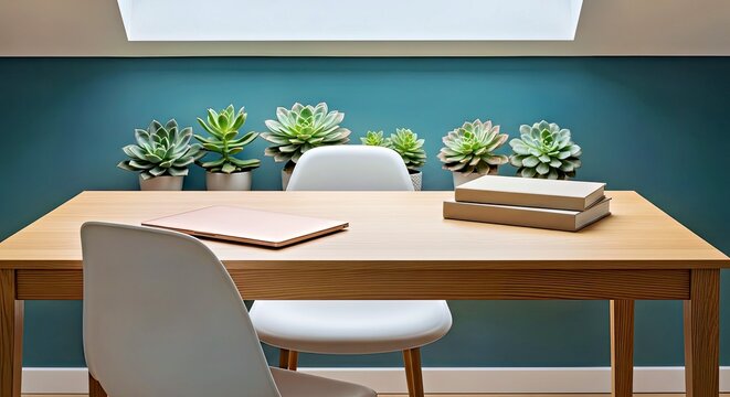 Modern Minimalist Office Desk Wood Surface Succulent Plants Laptop Against Blue Wall