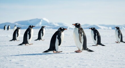 Obraz premium Gentoo penguins walking on snow-covered Antarctic landscape