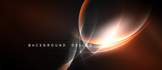 Abstract design features flowing curves, warm colors, bright light. Dark background enhances dynamic shapes, creating modern visual impact.