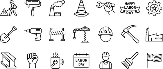 Collection of line art icons representing labor and industry, including tools, construction elements, and holiday symbols for labor day