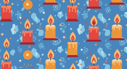 Seamless pattern of lit candles in red and yellow on a blue background with scattered festive elements like stars and snowflakes.