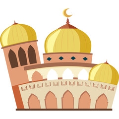 Islamic Mosque Architecture With Golden Domes And Crescent Moon Symbol Detailed Illustration Of Traditional Religious Building With Archways And Towers On A White Background