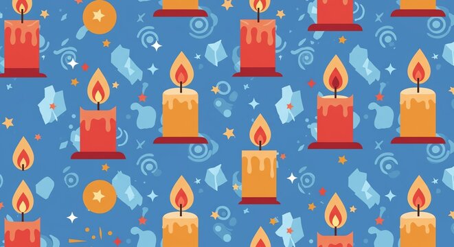 Seamless pattern of lit candles in red and yellow on a blue background with scattered festive elements like stars and snowflakes.