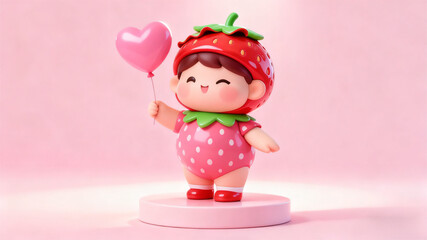 "Cute Fruit 3D Blind Box Figure Series" Winking Strawberry with Heart Balloon 3D Model Blind Box Figure Display on Pink Background
