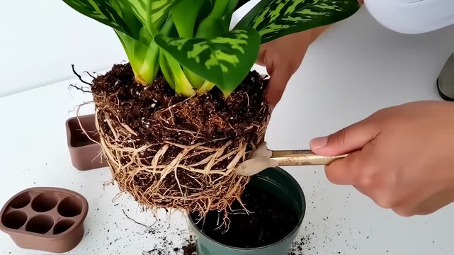 Repotting a plant, showing roots and containers