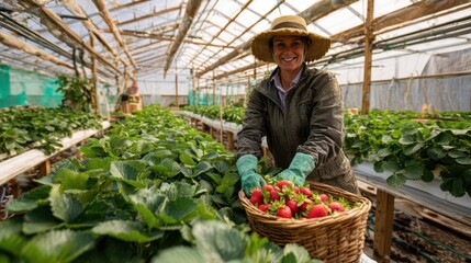 Obraz premium Smiling farmer amid lush strawberry rows inside a glasshouse