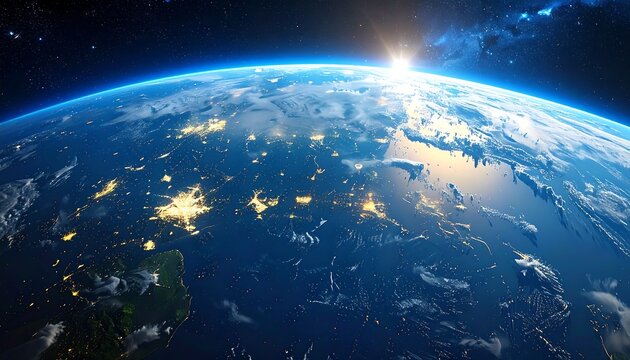 Earth from space at dawn with sunburst and city lights - Powered by Adobe