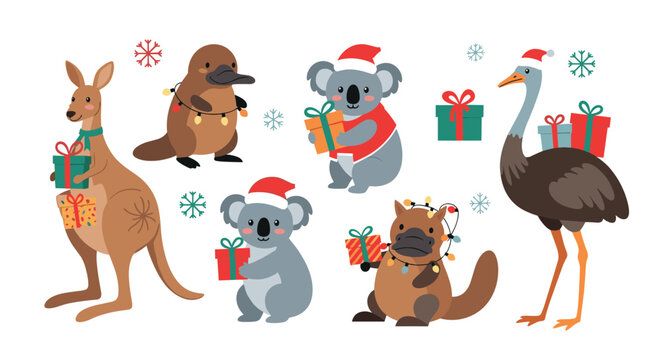 Cute Australian animals, including kangaroos, koalas, platypuses, and an emu, celebrate Christmas with festive gifts and snowflakes.