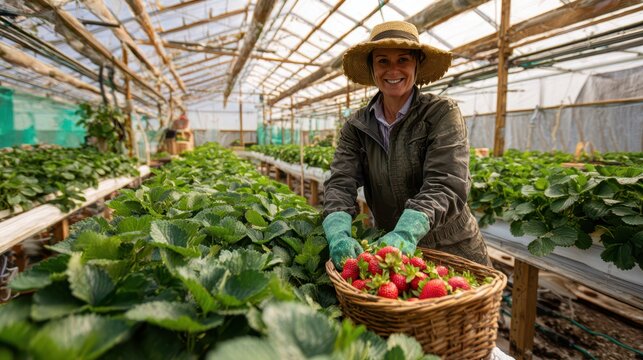 Smiling farmer amid lush strawberry rows inside a glasshouse - Powered by Adobe