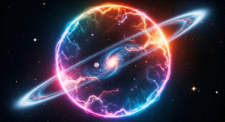 Glowing blue sphere of planet Earth in motion, illuminated by the sun with a plasma wave pattern against the black galaxy space backdrop illustration