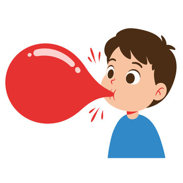 Young boy with brown hair blowing a large red balloon with effort.