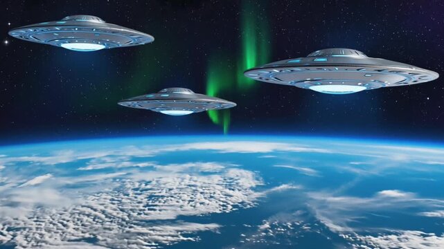 Alien spaceship ufo hovering over Planet Earth