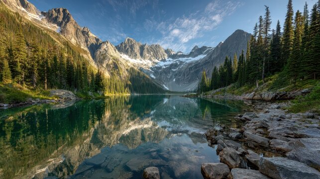 Snow-dusted alpine peaks tower over a tranquil lake in a pristine mountain valley