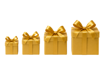 Four golden gift boxes arranged in ascending size order with satin ribbons