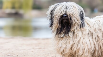 terrier. Close-up portrait of a Tibetan terrier with fluffy fur and soft natural lighting. wildlife magazines, conservation campaigns, designed for eco-tourism storytelling, celebrates biodiversity.