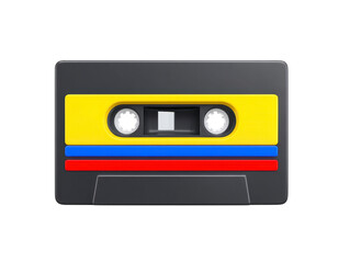 Fototapeta premium Audio cassette tape with yellow, blue, and red stripes, retro vintage style, isolated on transparency background, nostalgic and classic music media