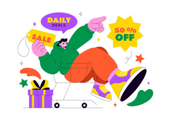 Daily Deals Vector Illustration Showcasing Various Shopping Items with Increasing Discounts, Ideal for Promotions, Sales, and E-Commerce Background
