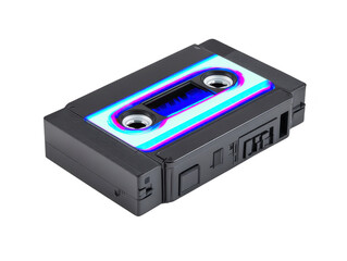 Obraz premium Retro audio cassette tape with neon blue and pink label, isolated on transparent background, evokes nostalgia and vintage music vibes, perfect for creative design or music themed projects