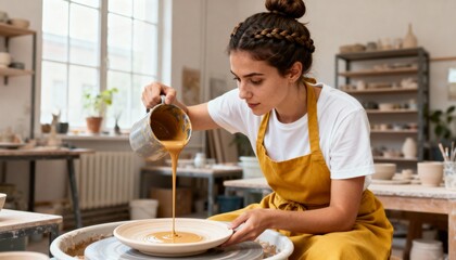 Female artist pouring glaze on a clay plate in a pottery studio. Young craftswoman making handmade ceramics. Creative hobby and small business craftsmanship