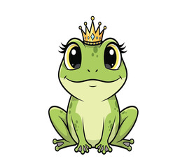 Illustration of a charming cartoon frog wearing a golden crown, , embodying fairy tale magic and whimsical charm in a vector illustration