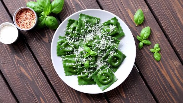 Spinach tortellini with grated cheese and basil on a white plate, set on a dark wooden table