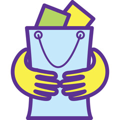 A light blue shopping bag with a smiling face and yellow arms holding it, filled with green and yellow papers against a transparent background a simple illustration with bold purple outlines
