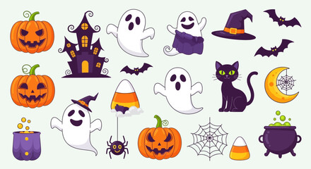 Whimsical assortment of Halloween clipart elements, including pumpkins, a haunted mansion, bats, spiders, and cauldrons for holiday celebration