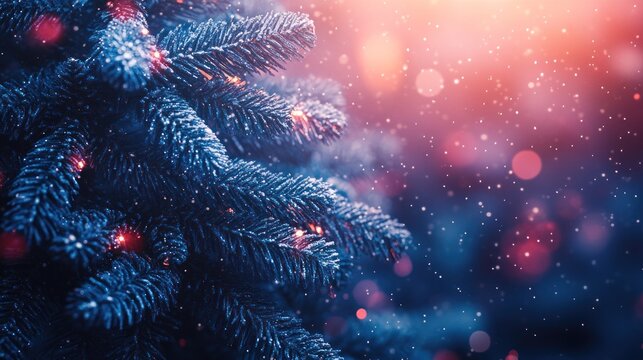 Frosty Christmas tree branches lit with warm lights, snowy bokeh