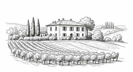 Fototapeta premium Rural Italian landscape with a winery, vineyard, and cypress trees in a classic hand-drawn sketch style