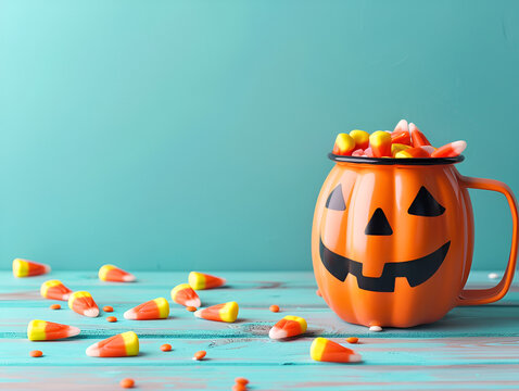 Jack o lantern mug overflowing with candy corn on a teal wooden background