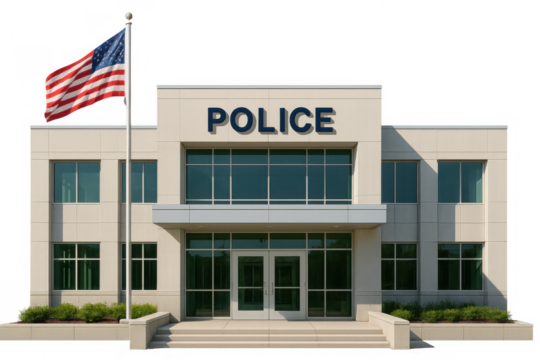 Police station building with american flag flying, representing law and order, security, community services, and government authority, isolated with transparent background