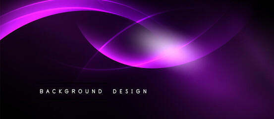 Purple abstract waves, dynamic lines, glowing effect. Dark background creates modern visual impact. Simple text below.
