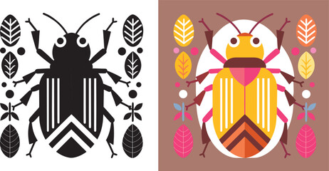 Vibrant geometric beetle illustration with decorative leaves and playful dots creates a whimsical natural design perfect for children's decor and creative projects