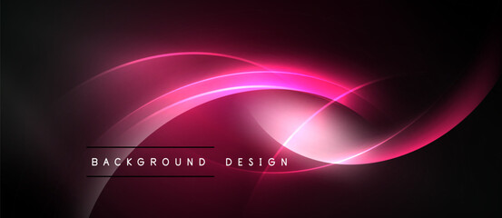 Abstract pink neon lines over dark background. Modern design element, vibrant curves, smooth gradients. Text reads background design.