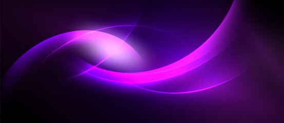 Abstract purple design features flowing curves, bright light source. Dark background emphasizes vibrant shapes, creating dynamic visual effect.