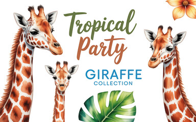 Vibrant giraffe collection for a tropical party theme, perfect for invitations, posters, and fun designs that bring a touch of the wild to any celebration