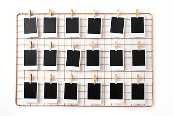 Set of blank polaroid photo frames with each secured by a wooden clothespin on a copper rectangular wire grid photo panel isolated on white background