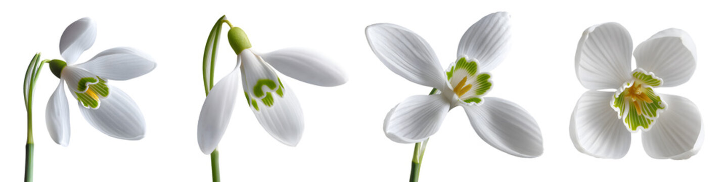 Set of white snowdrop flowers, isolated on transparent background