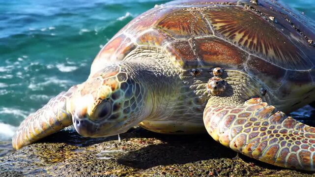 Sea turtle resting on a rock by ocean water; detailed shell patterns in green, brown, and yellow hues