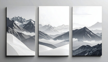 Abstract Mountain Landscape Wall Art Quadriptych: Cool Blue, Gray, and White Tones for Serene Home Decor