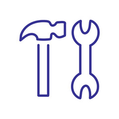 Simple blue outline icons of a hammer and wrench on a white background, representing repair and construction.