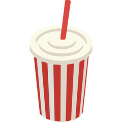 Isometric vector illustration of a red and white striped disposable paper cup with a red straw and white lid filled with a beverage on a transparent background