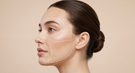 Profile of woman's face with marking lines for plastic surgery. Patient preparing for cosmetic facial procedure. Aesthetic medicine and beauty enhancement concept with copy space